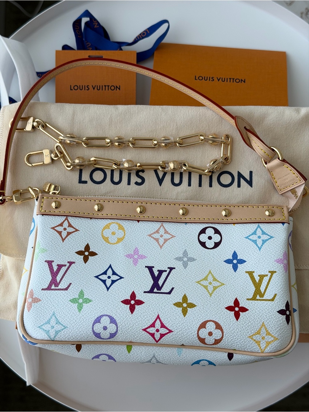 NEW Louis VuittonX Murakami Multicolor Monogram White Canvas with Gold Chain